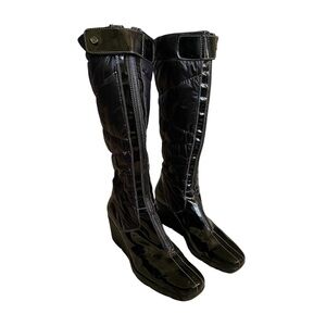 Samsonite Black Patent Leather Quilted Knee-High Wedge Heel Boots